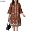 Women Casual V-Neck Floral Print Loose 3/4 Sleeve Dress