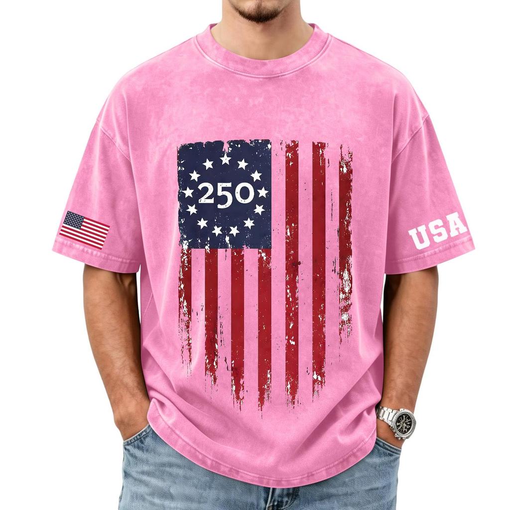 Herren lockeres und lässiges T-Shirt mit Flaggen-Buchstaben-Print - Trendiges gewaschenes kurzärmeliges Oberteil für Herren