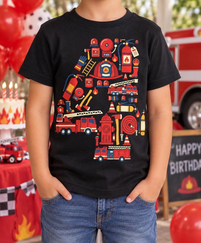 4th Birthday Firefighter Shirt, Number Four Fire Truck Tee, Preschool Party Outfit, Rescue Vehicle Graphic, Age 4 Gift, Little Hero Keepsake