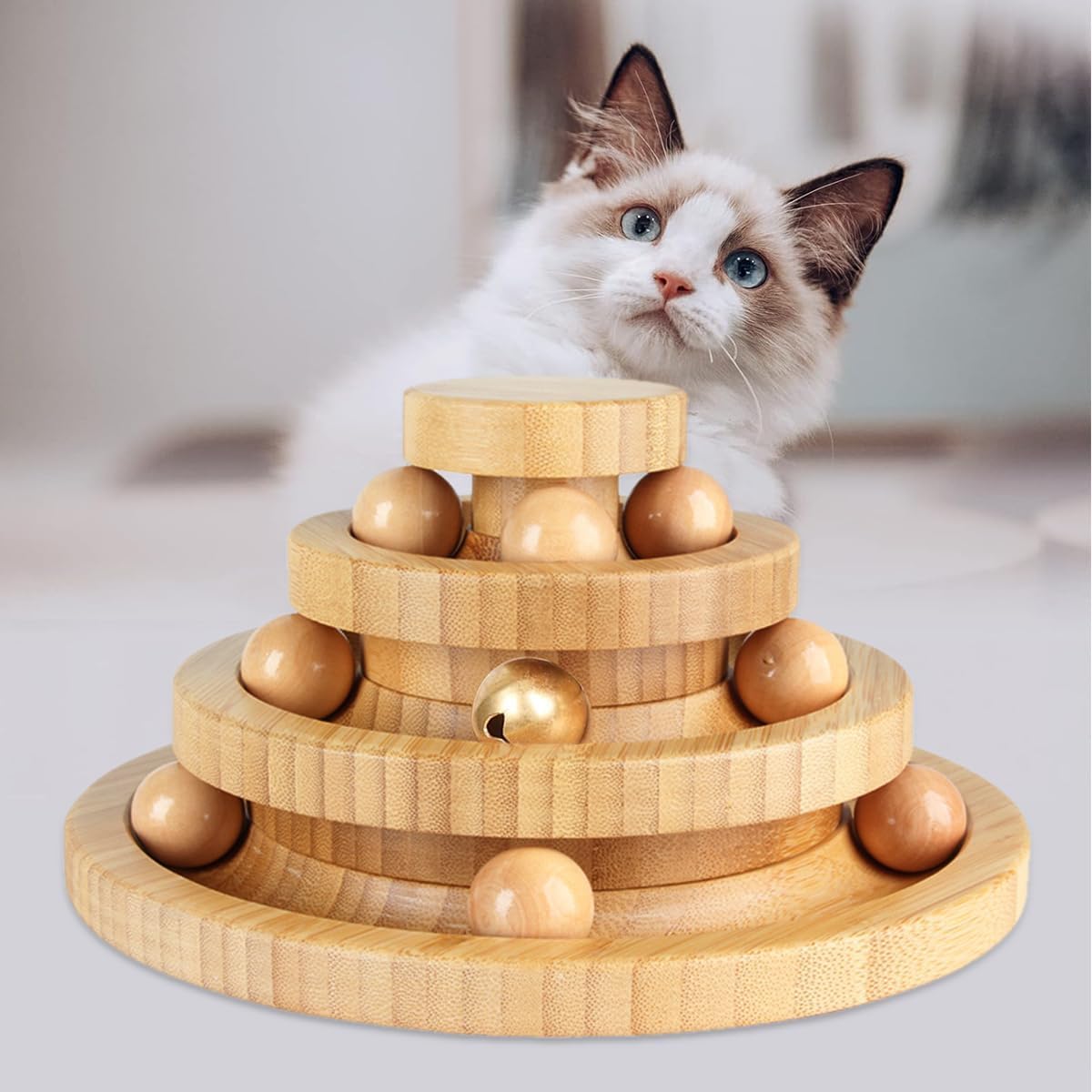 

Wooden Cat Single Cat Cat Bamboo Ball Spinning Rotating Play Cat Cat Solitary Cat Pet Stress Relief Toy, Play, Toy, Teaser, Tower, Tower, Board, Toy,