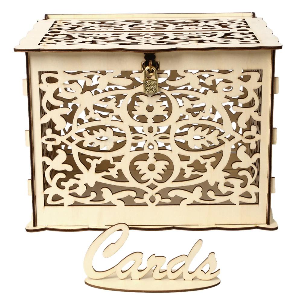 Wooden Wedding Card Box Wedding Decoration Supplies DIY Mr&Mrs Couple Flower Pattern Envelope Sign Cards Wood Box