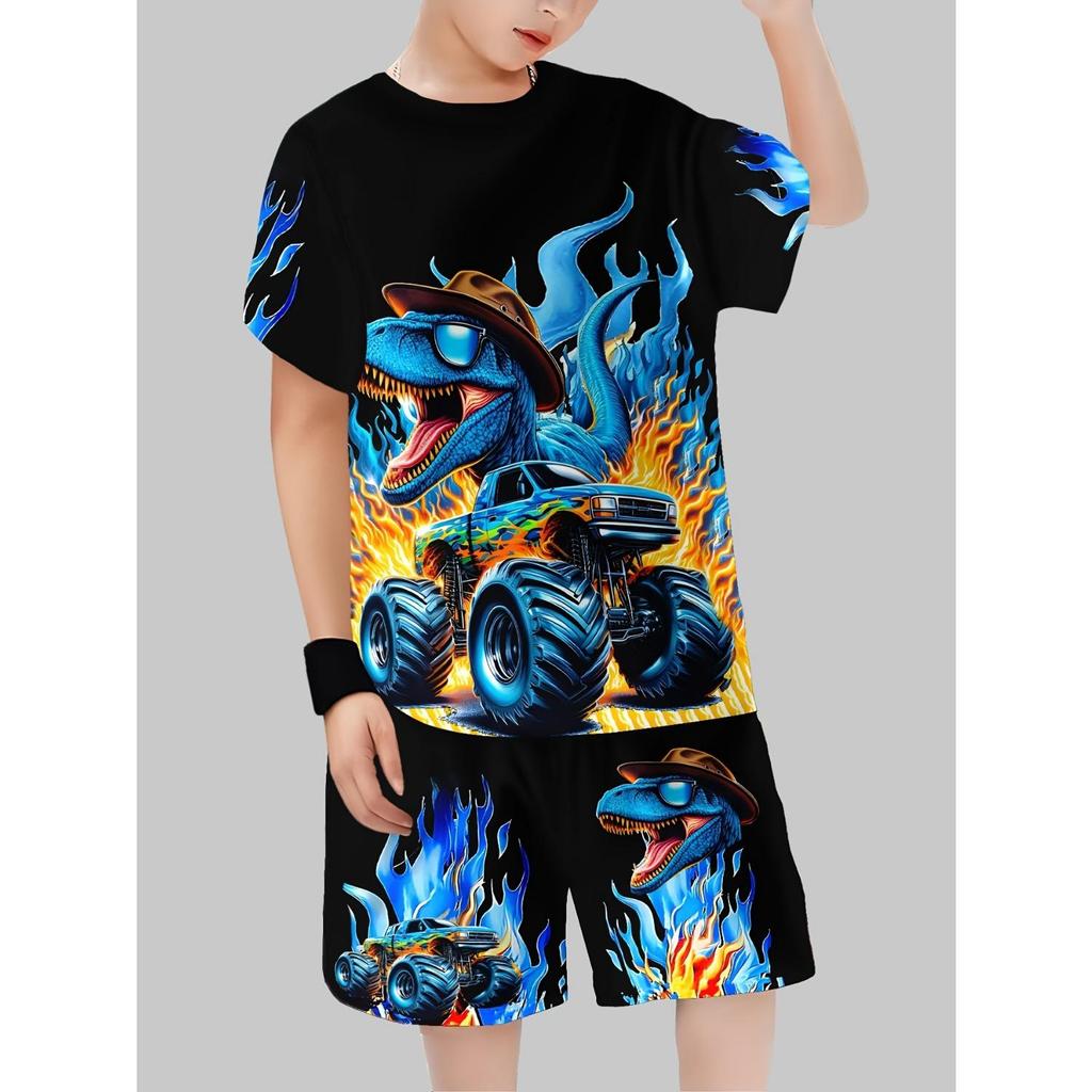 Boys' short sleeved shorts two-piece set, 3D printed dinosaur pattern cycling short sleeved T-shirt top+shorts set