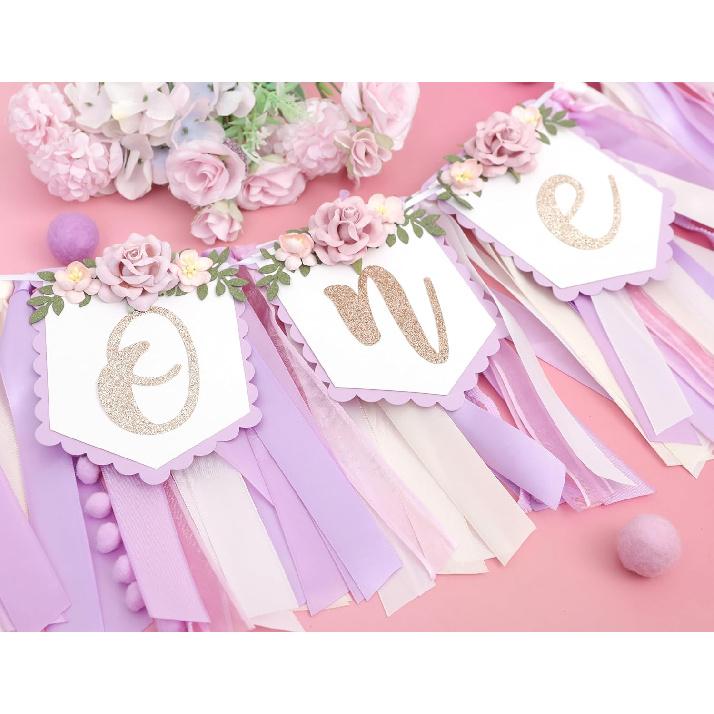 Baby Girl 1st birthday highchair banner -Purple Floral Garland, Purple And Pink First Birthday Decoration, Rose 1st Bday Banner, floral birthday