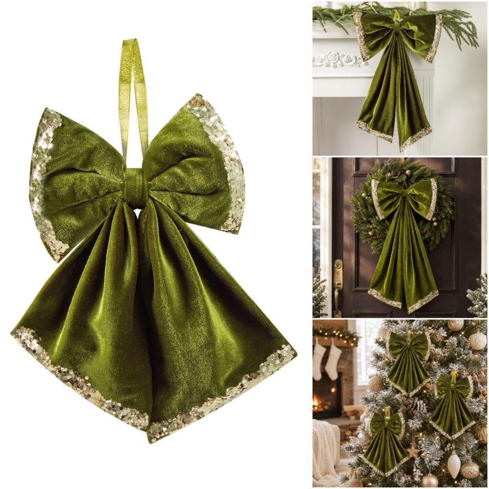 Green Christmas Bowknot Hanging Decoration Sequin Velvet Long Hanging Ribbon Sequin Bowknot Ornament Photo Props Multi-size