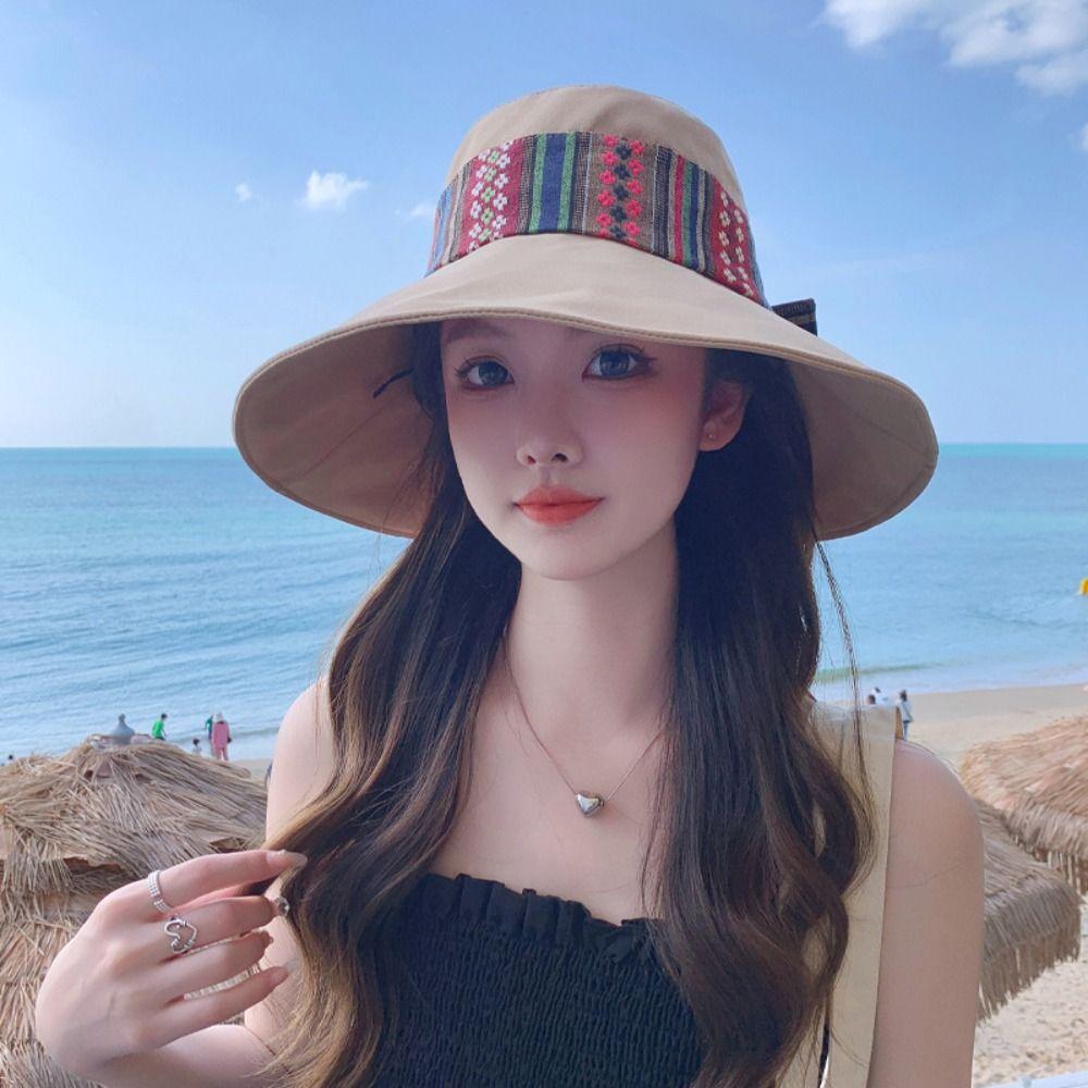 Ethnic Style Bowknot Fishmen Hat Solid Color Wide Brim Bucket Cap Simple Women's Sun Hat  Women