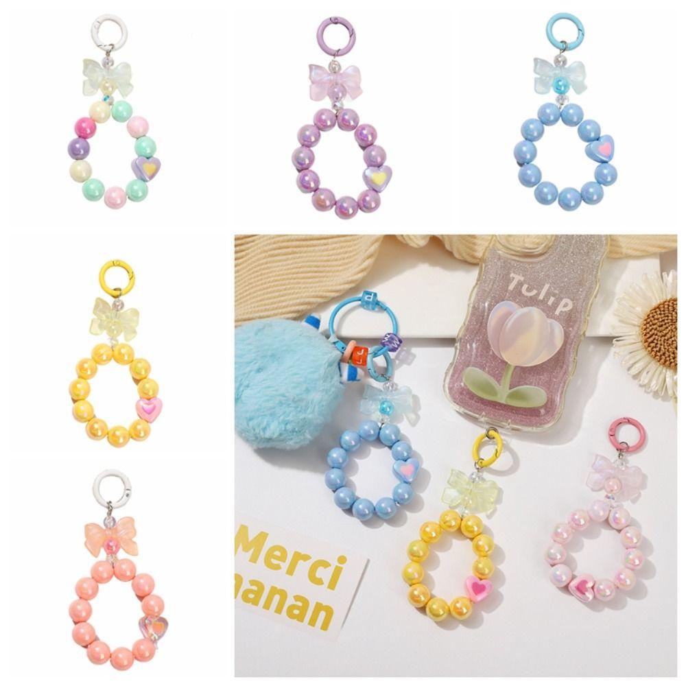 Bowknot Candy Color Beads Keychain Anti-lost Phone Wrist Strap Phone Acrylic Lanyard  Jewelry Gift
