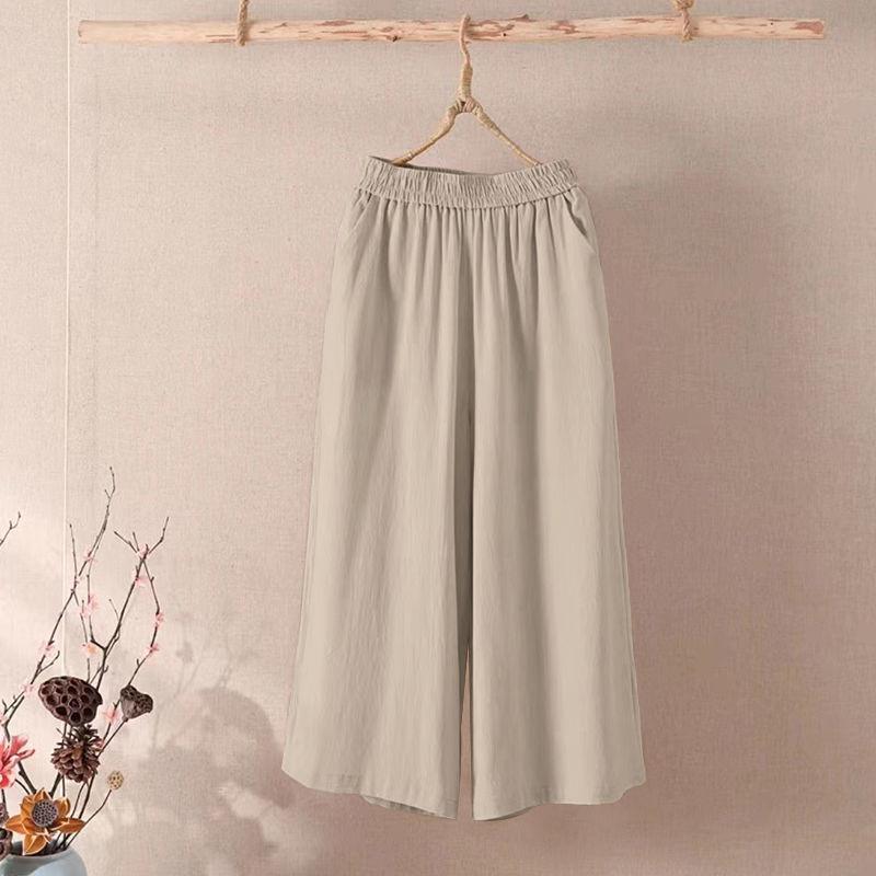 2025 Women's Plus Size Cotton Linen Wide Leg Cropped Pants - Summer Casual, Elastic Waist, Solid Color, Trendy and Loose Fit