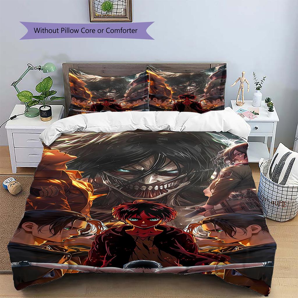 Attack on Titan Pattern Bedding,Quilt Set Quilt Cover Pillowcase Home Birthday Gift (1 * duvet cover + 2 * pillowcase, without core)