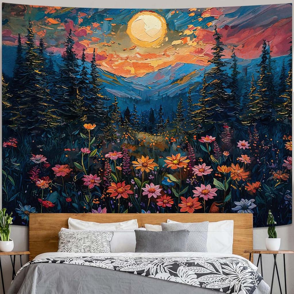 Kampdream Landscape Tapestry, Scenery Art Wall Tapestries, Nature Wall Decor for Bedroom Living Room Backdrop Sunset Wildflowers 36×48 Inches