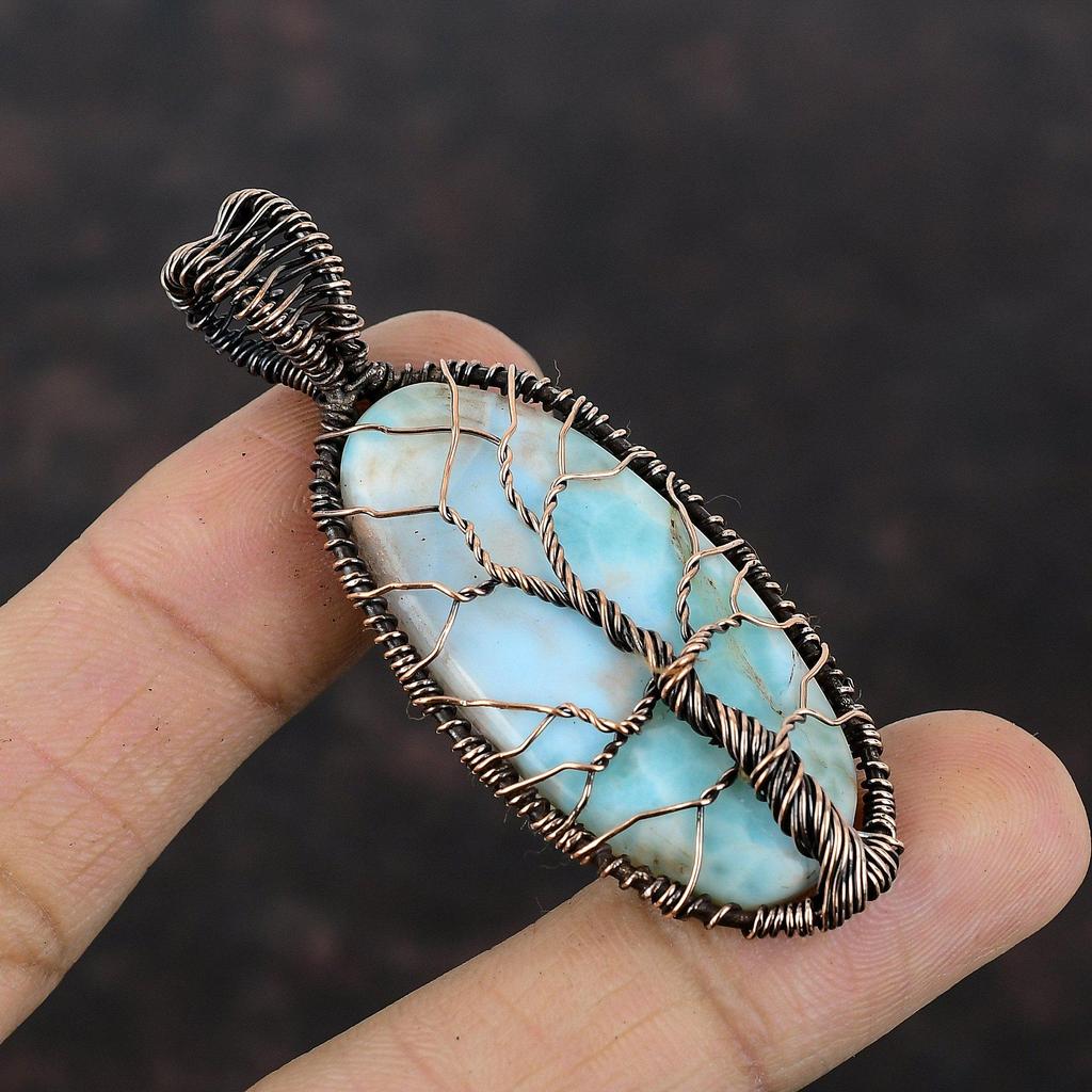 Tree Of Life Larimar Gemstone Pendant Copper Wire Wrapped Jewelry Unique Copper Design Jewelry Handmade Dainty Pendant Gift For Her & Mother