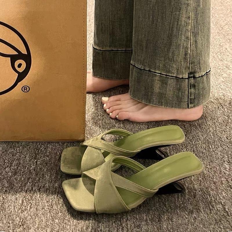 Fashion French Style Women High-heel Sandals Designer Slippers Fashion Square Toe Slope Heel Slippers Summer Open Toe High Heel Slippers