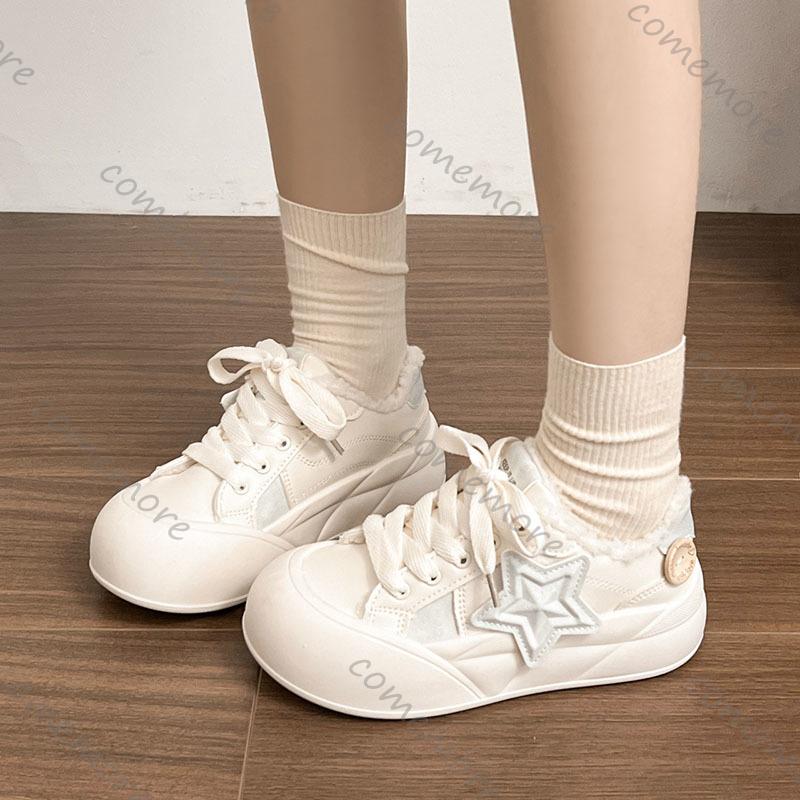 Fashion Comemore Thick Bottom Padded Cotton Shoes Women's Autumn Winter Casual Round Toe Lace Up Board Shoes Female White Plush Sneakers