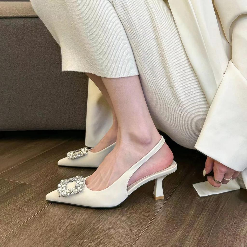 Women's Shoes 2025 Slingbacks Women's High Heels Slip on Dress Pumps Women Crystal Square Button Pointed Toe Thin Heel Sandals