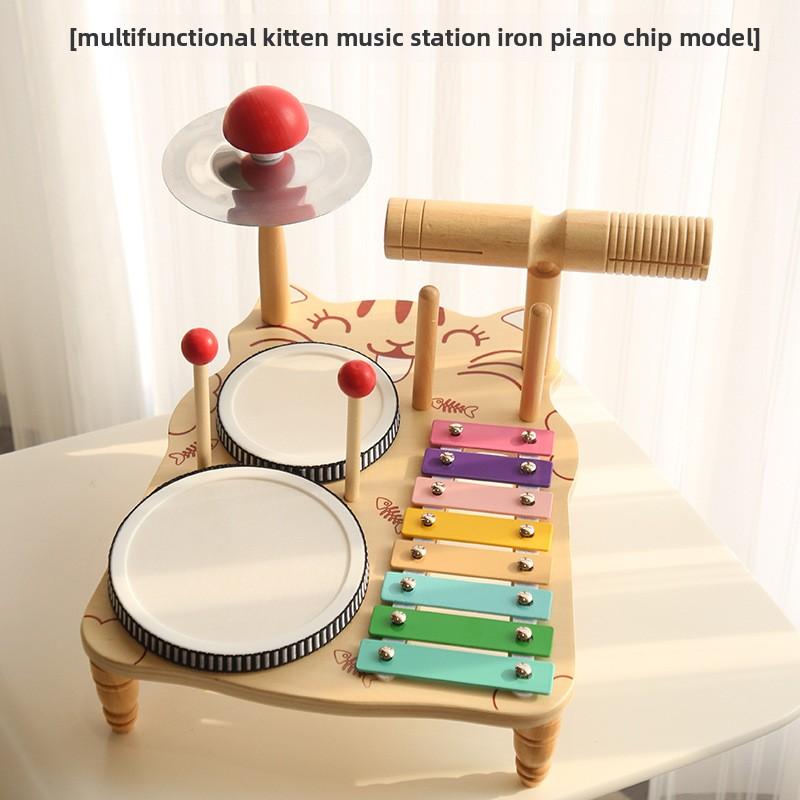 Kitten Music Station Piano Version Wooden Percussion Instruments Toys Set Musical Drum Wooden Music Kit Baby Sensory Kids Drum