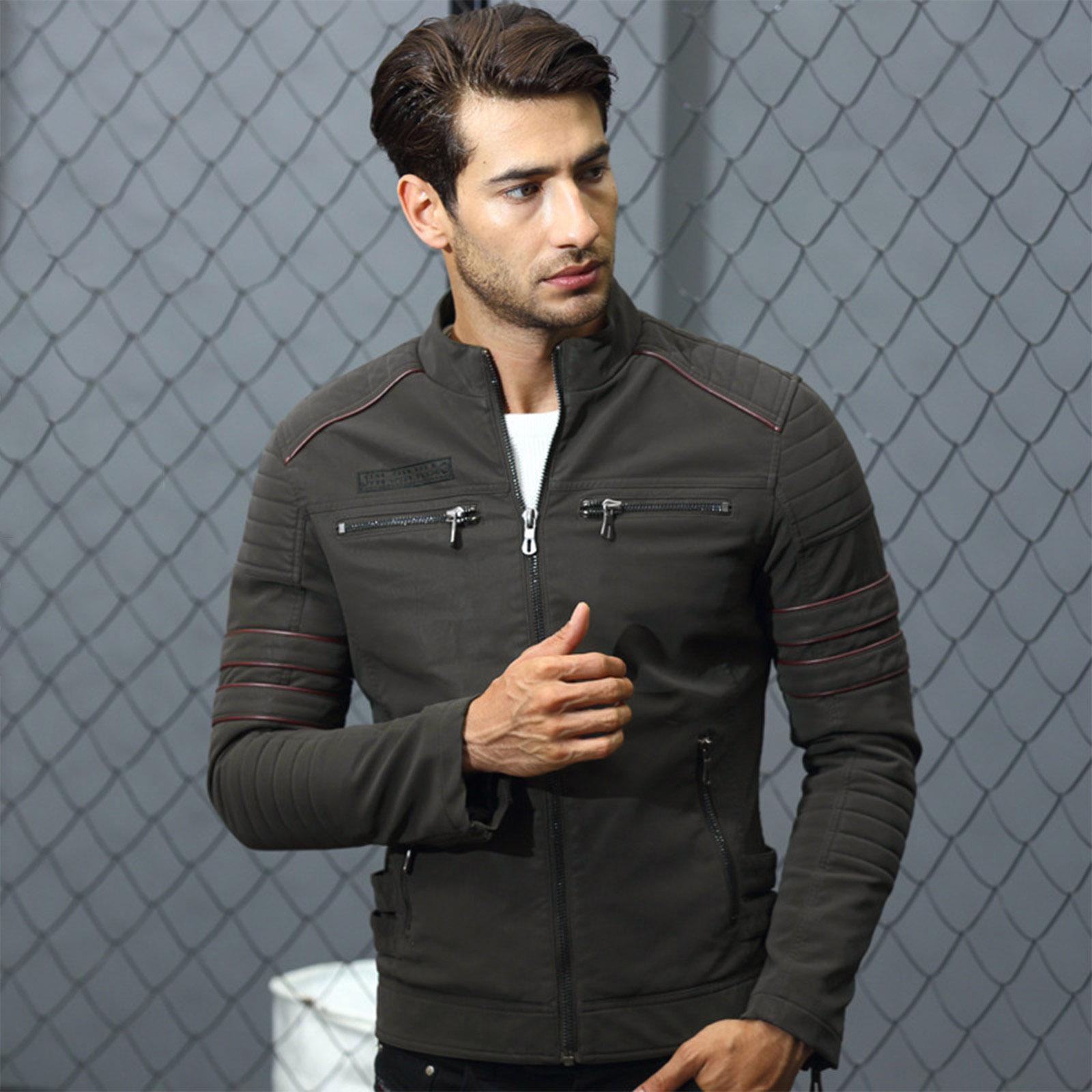 

Мужская куртка из ПУ с воротником-стойкой на молнии, модная, приталенного кроя, мотоциклетная, трендовая XL