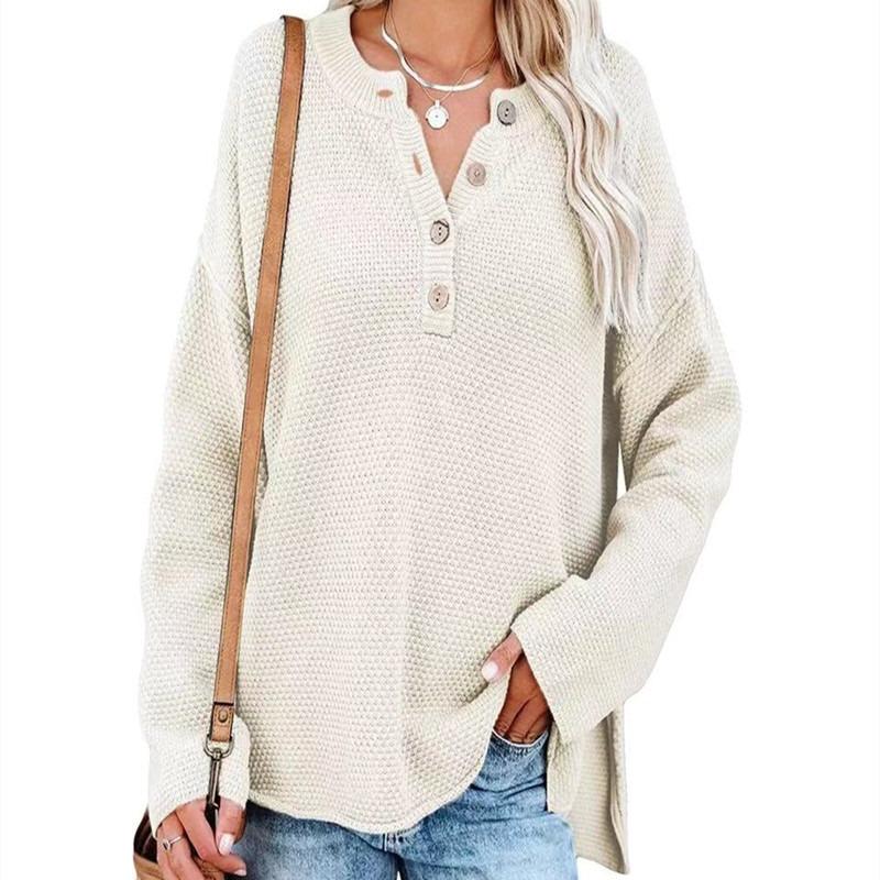 Women S Solid Color Half Open Button Pullover Long Sleeve Sweater