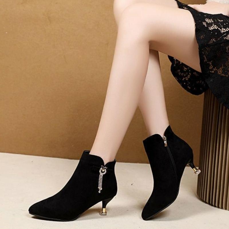 Fashion Booties Suede Black Stiletto Heel Ankle Boots for Women Rhinestone Comfortable and Elegant On Promotion Sale Woman Short Shoes