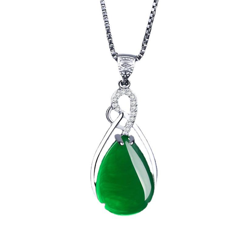925 Silver-Plated Green Agate Pendant Necklace for Women