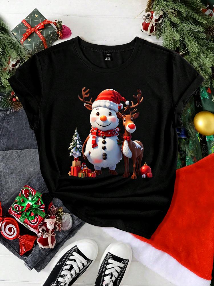 Christmas Women Casual T Shirt Cartoon Snowman Reindeer Christmas Tree Print Female Short Sleeve T-Shirt Urban Style Printed
