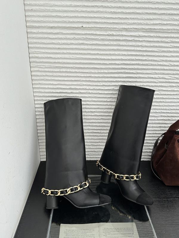 

Round head color matching knight boots autumn 2025 new chain temperament thick heel high trousers boots women 39
