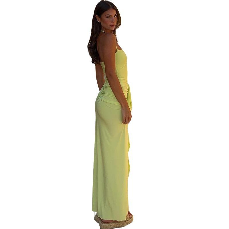 Women's Tight-fitting Halter-neck Dress Solid Color Splicing Sleeveless Dress Halter Sleeve Fold Midwaist Irregular Dress