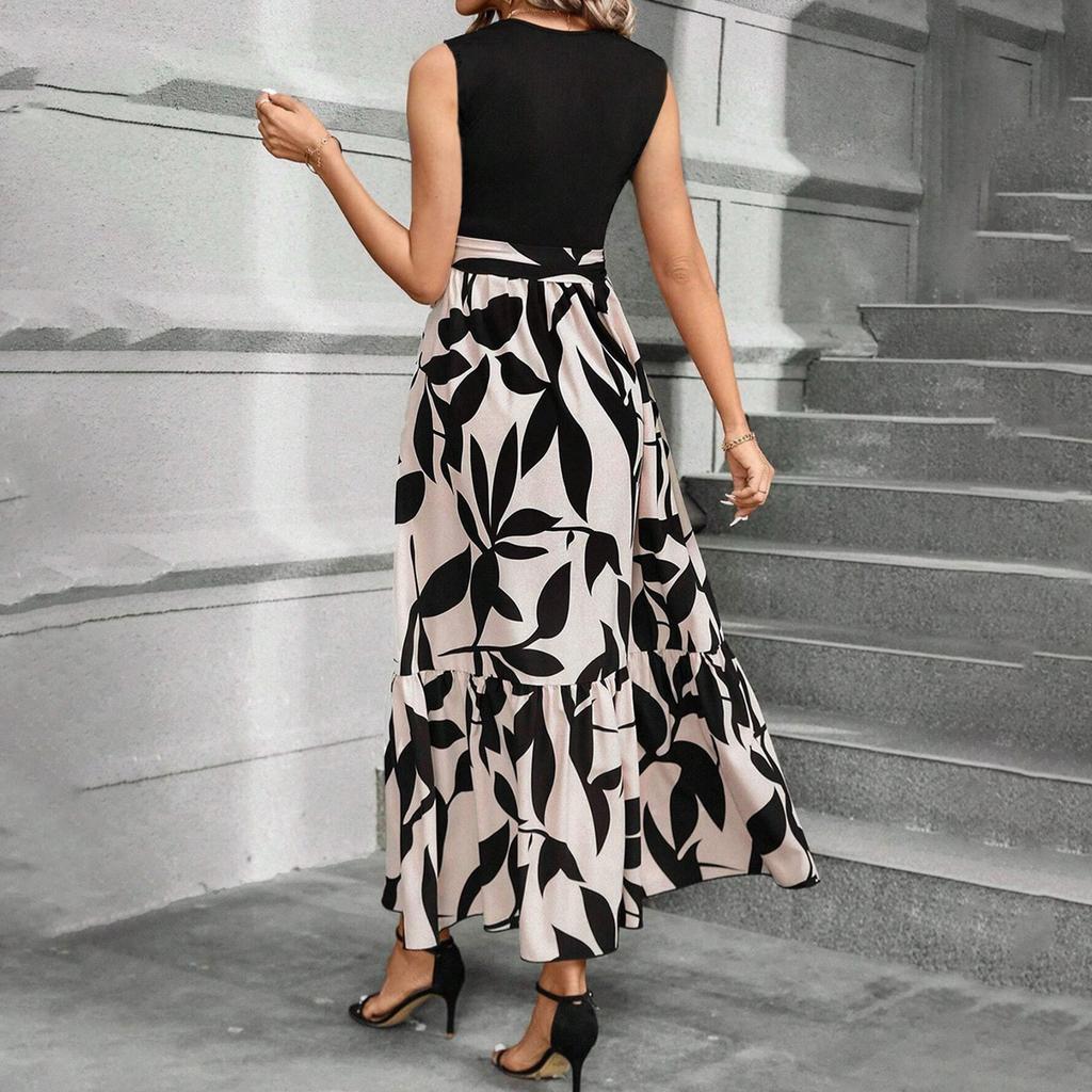 Women's Floral Print High Waist Fashionable And Elegant Sleeveless Dress