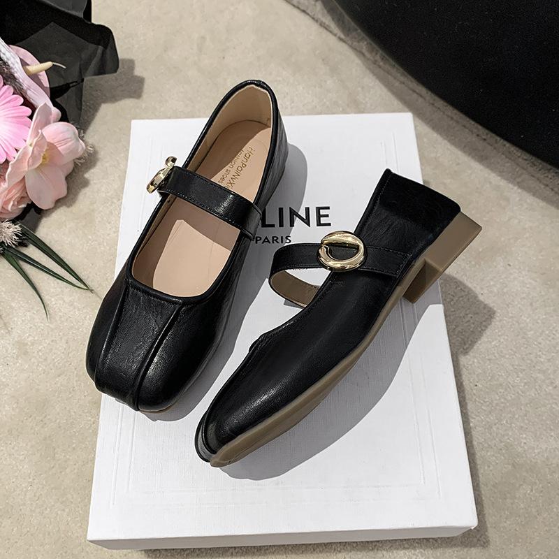 2025 New One-word French Retro Versatile Soft Sole Square Head Commuter Shoes Mary Jane Shoes Light Mouth Small Leather Shoes