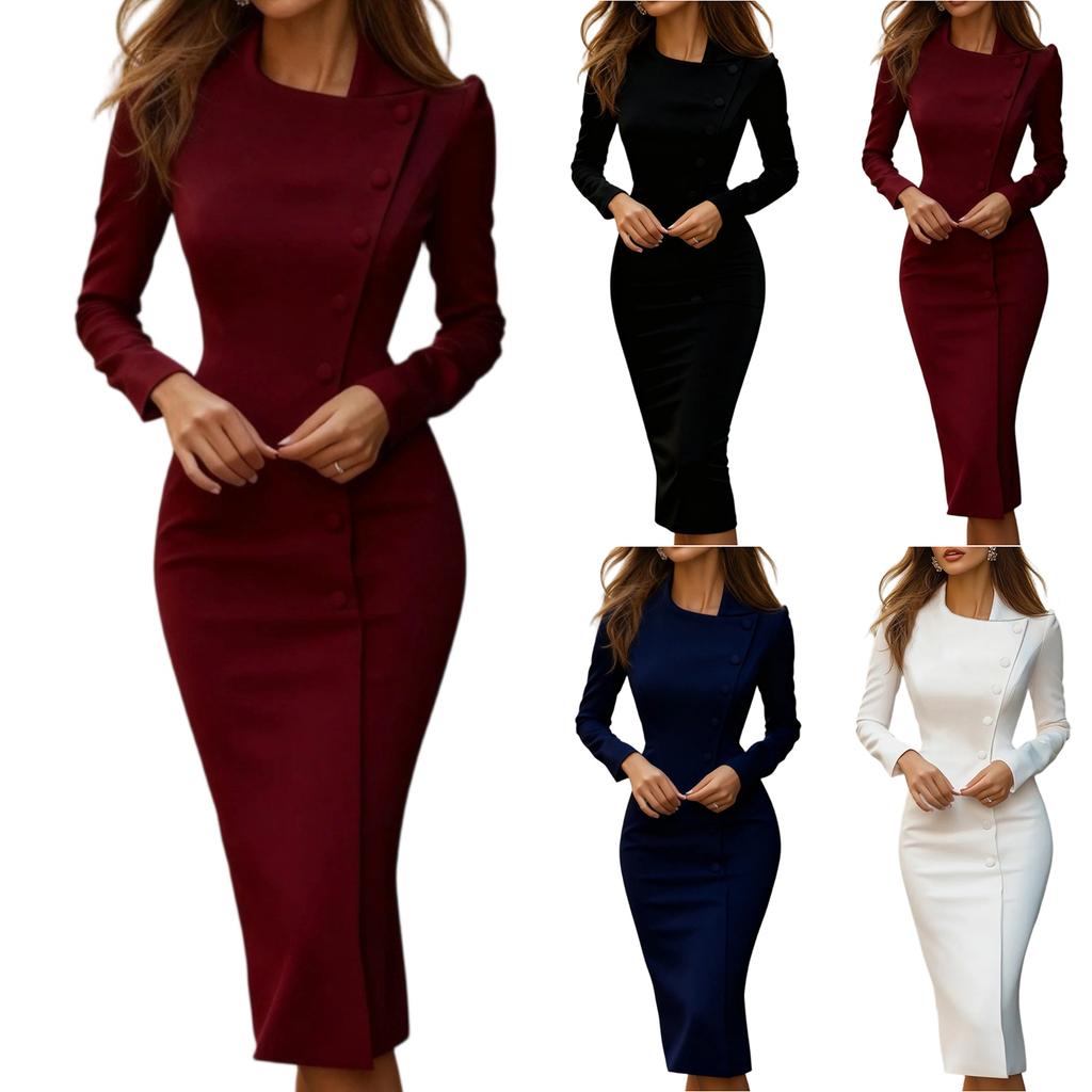 Women's Fashionable Workwear Asymmetrical Single-Breasted Slim-Fit Solid-Colour Dress