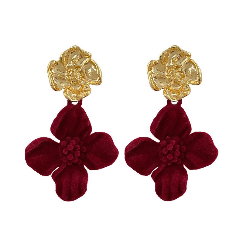 Red Velvet Flower Earrings Women Retro Light Luxury Niche High-end Temperament Ear Jewelry Gift