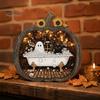 Fall Harvest Home Decoration Halloween Ghost Wooden Tabletop Ornament, 2D Flat Cute Reading Bathing Thanksgiving Table Centerpiece Watering