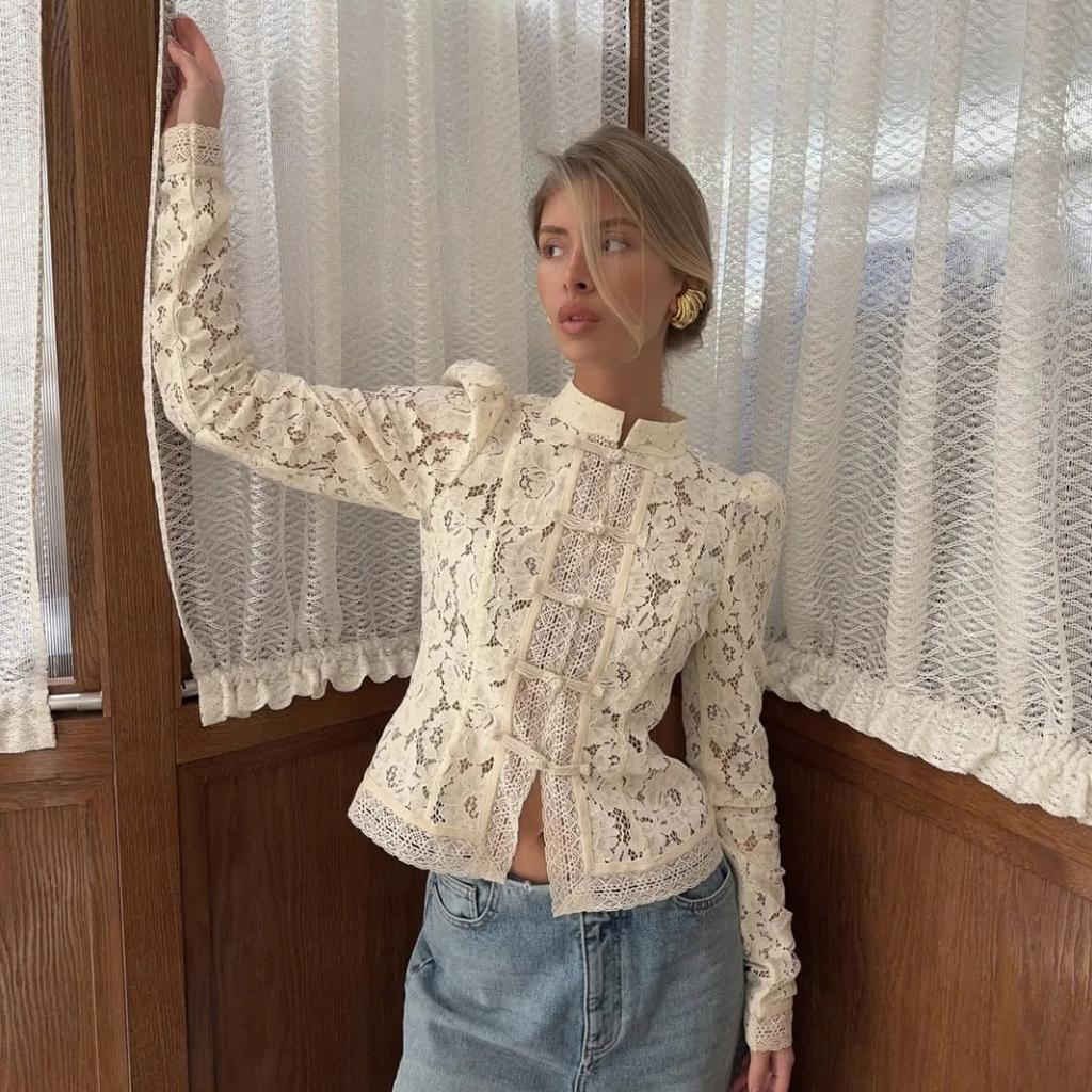 VAYLA Lace Printed Shirts Tops Female Hollow Out Fashion Commute Vintage See-Through Blouse Women's Lace Shrug Shirts New