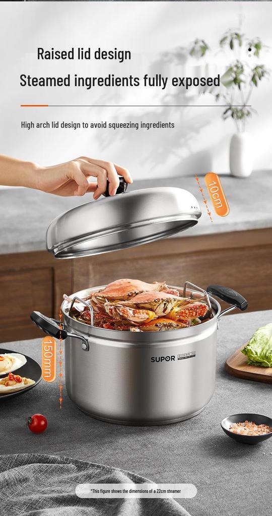 Supor Multi-Purpose 304 Stainless Steel Steamer Pot with Thickened Composite Bottom, 22/24cm - Ideal for Fish and Soup.