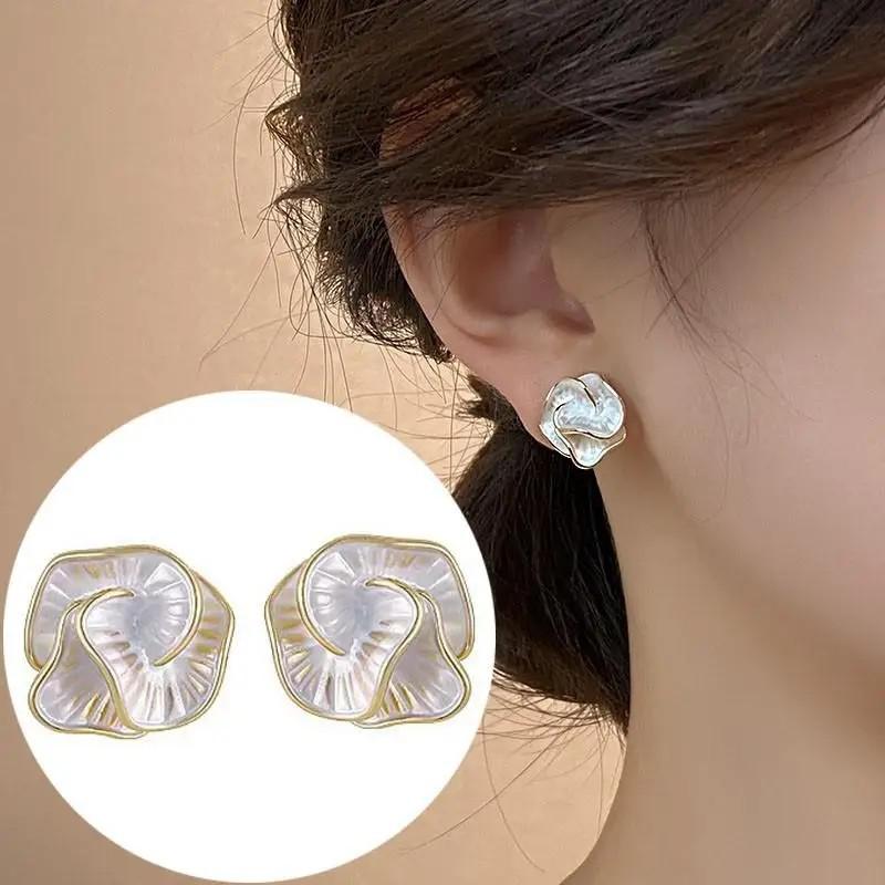 925 Silver Camellia Stud Earrings for Women Black White Minimalist Jewelry Gift