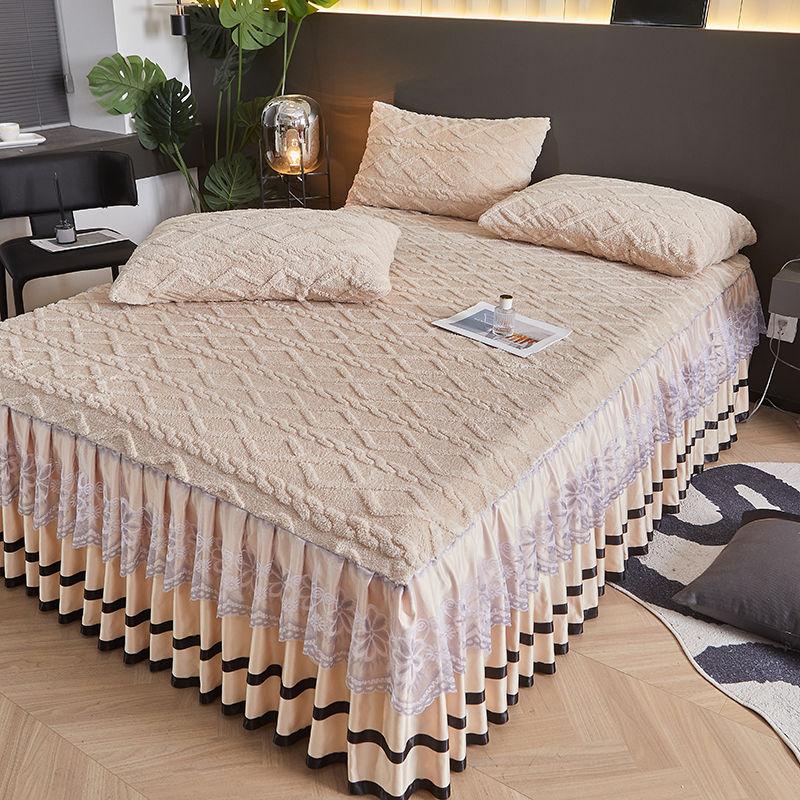 3-teiliges Bettrock-Set, verdicktes Korallenfleece-Spannbettlaken, Bettdecke einteilig Flanell All-inclusive rutschfester Bezug