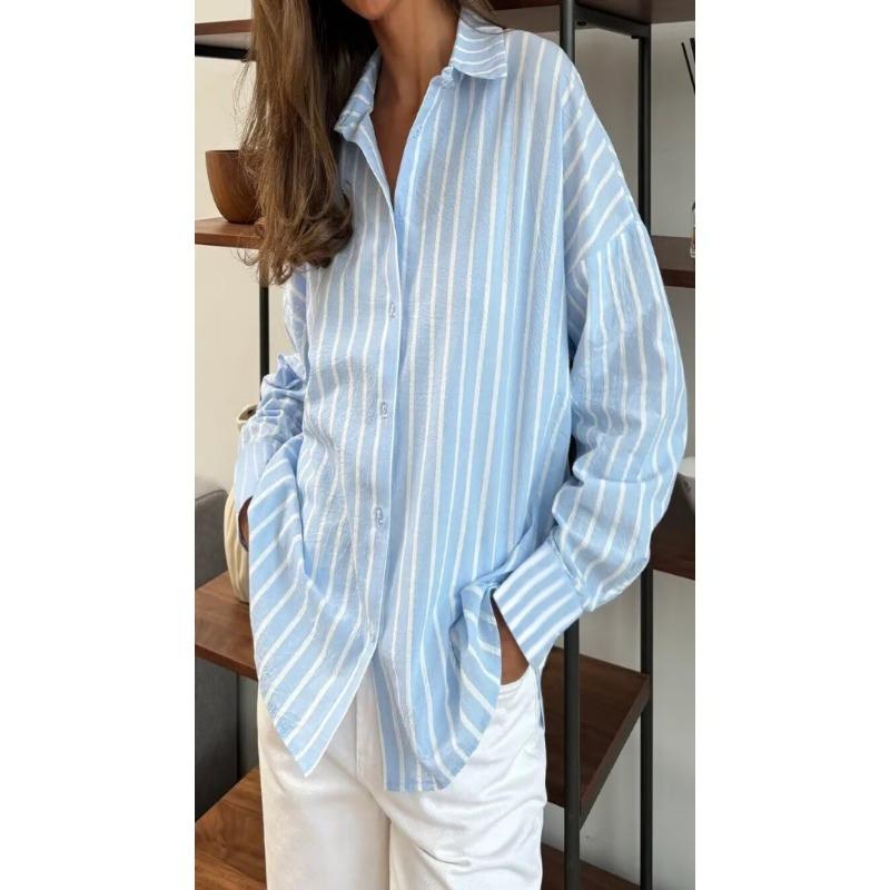 Women Loose Long Sleeve Striped Cardigan Shirt Blouse Outerwear