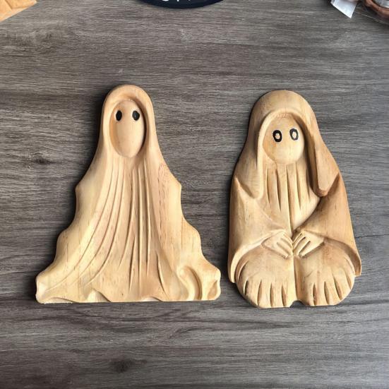 Halloween Ghost Sculpture Creepy Wood Carving Ghost Statue Figurine Table Sign Home Office Desktop Decoration Ornament