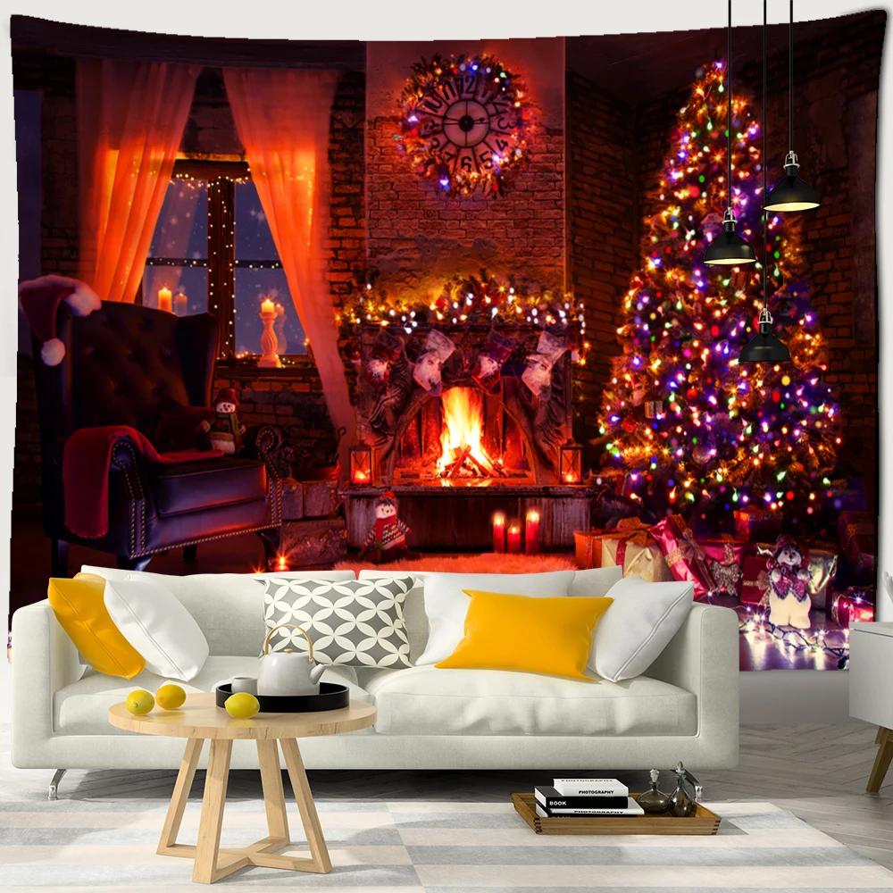 Neon Fireplace Tapestry Wall Hanging Christmas Tree Gift Socks New Year Atmosphere Background Cloth Witchcraft Home Decor
