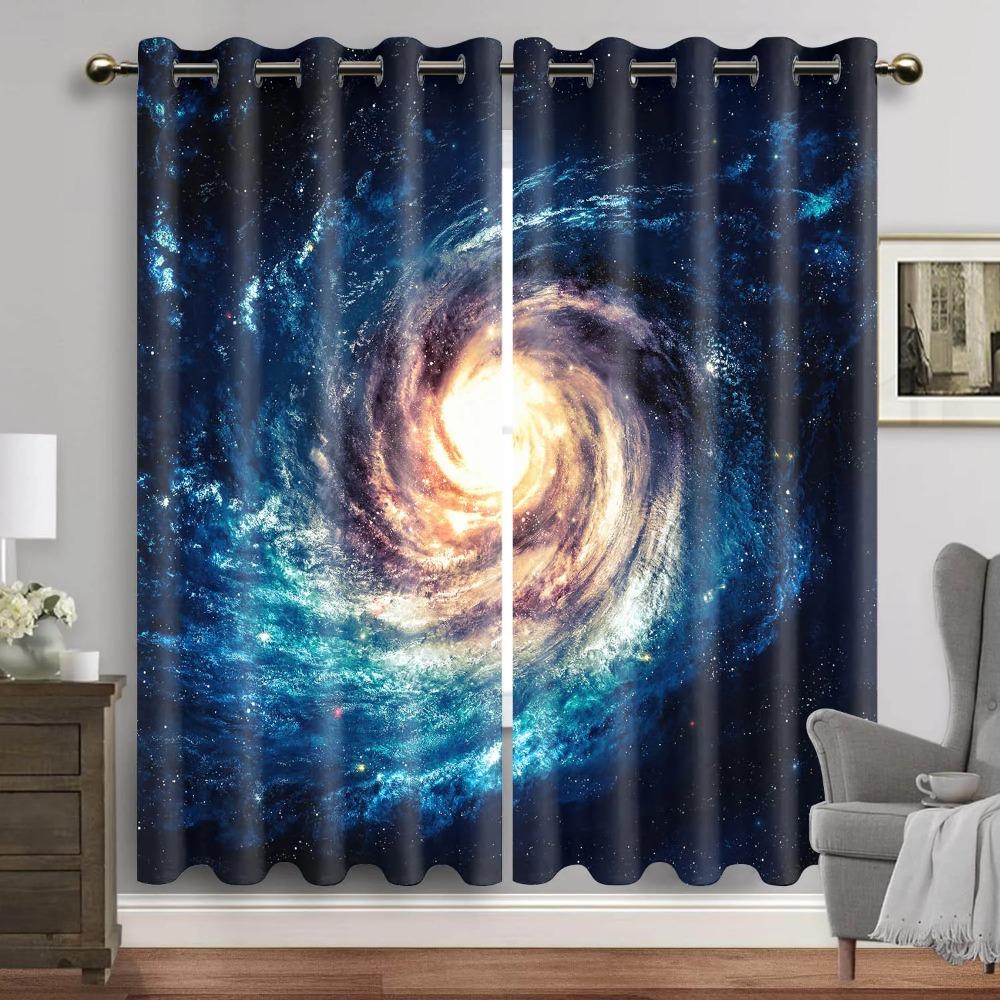 Purple Galaxy Window Curtains Space Planet Eyelet Thin Curtain Universe Stars Drapes for Bedroom Starry Forest Cortinas 2pcs