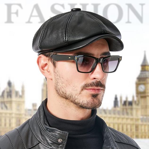 Men's Octagonal Genuine Leather Winter Warm Duckbill Hat