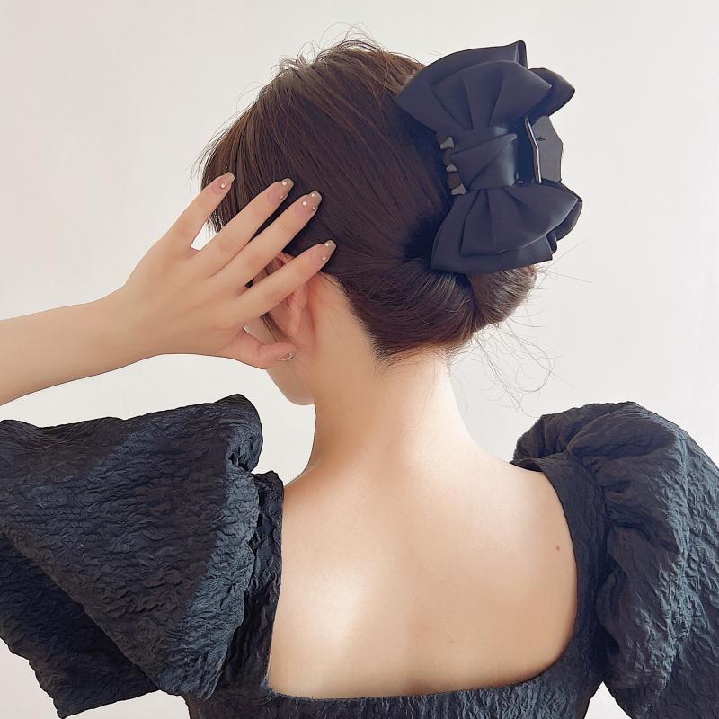 Korean Black Double-Sided Bow Hair Clip with Large Shark Clasp for Women