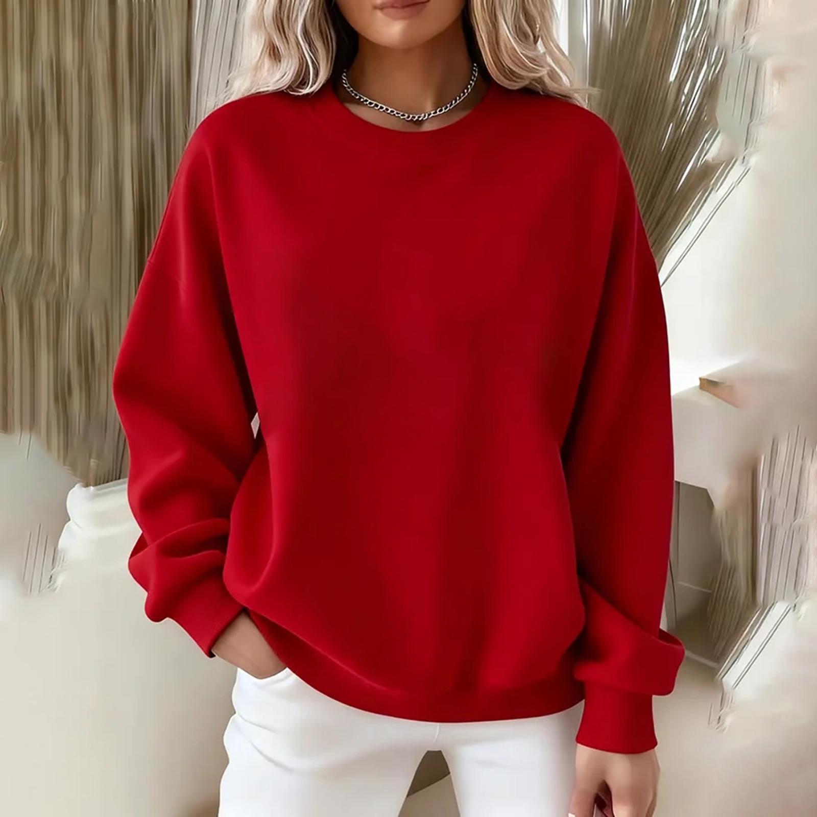 

Women s casual and fashionable loose solid color pullover long sleeved sweatshirt M розовый