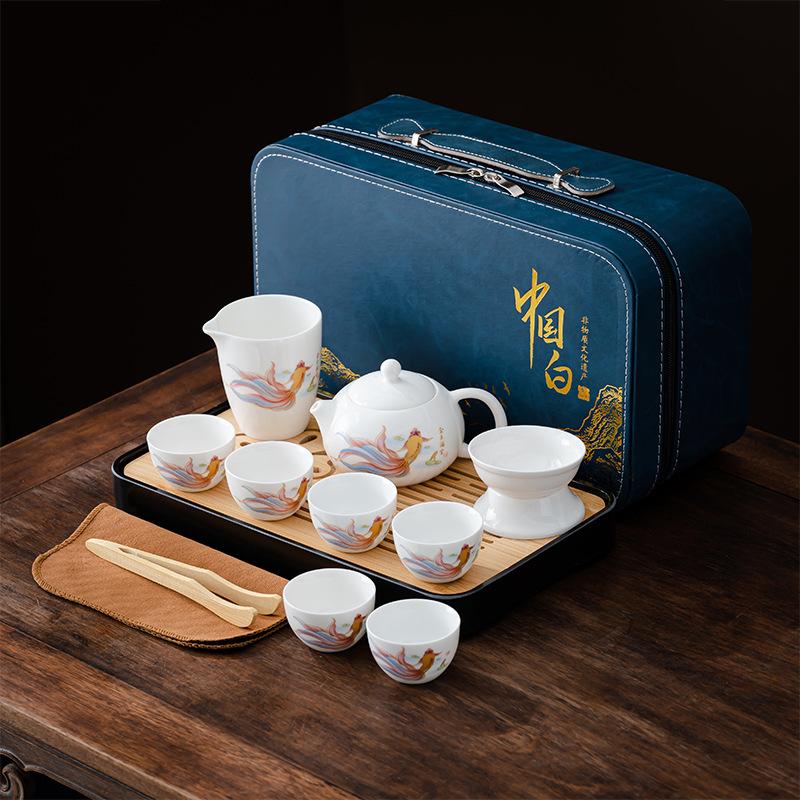 Suet Jade White Porcelain Tea Set Guochao Set Office Storage Kung Fu Tea Set Business Gift Tea Set