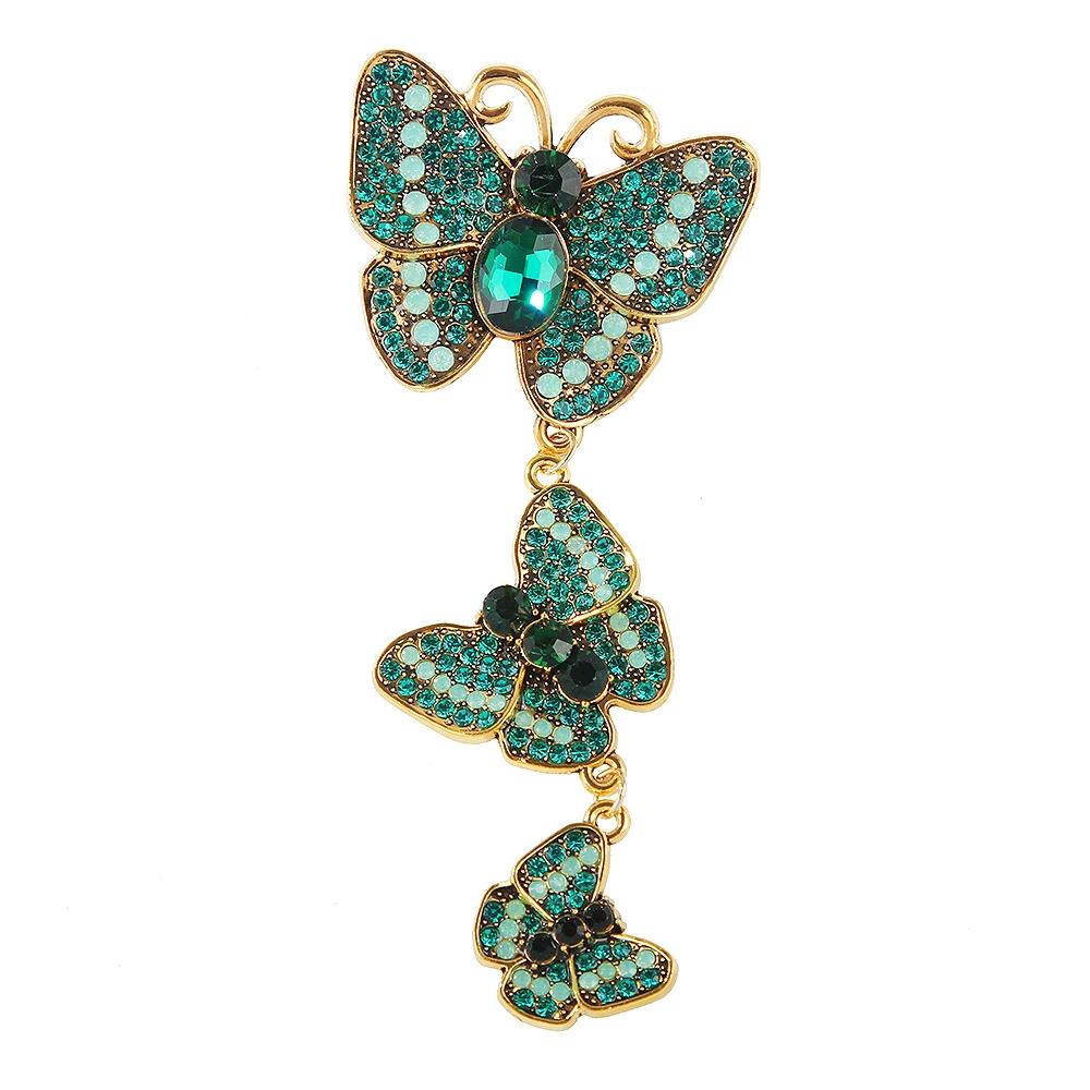 

SKEDS Large Size Long Tassel Brooch for Women Butterfly Colorful Rhinestones Vintage Jewelry Dinner Party Elegant Pins зелёный