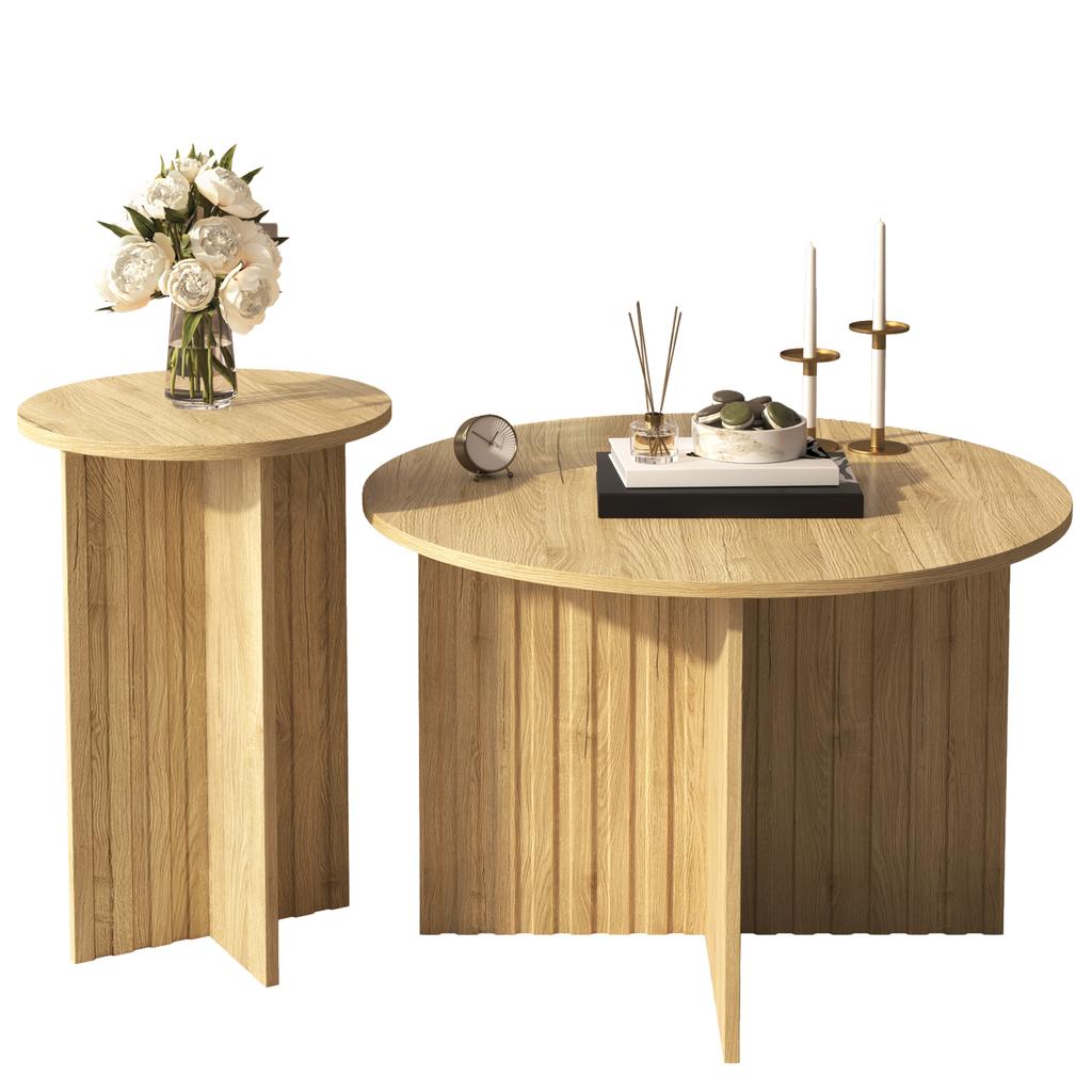 Modern 2-Piece Wood Nesting Table Set – Round Couch Tables & Coffee Tables in Scandinavian Design, Space-Saving, Sturdy MDF/PB Construction