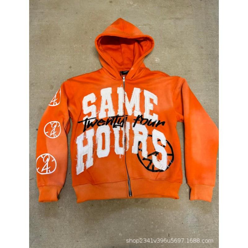 Vintage Letter Patch Print Hooded Cardigan Loose Fit Streetwear Women