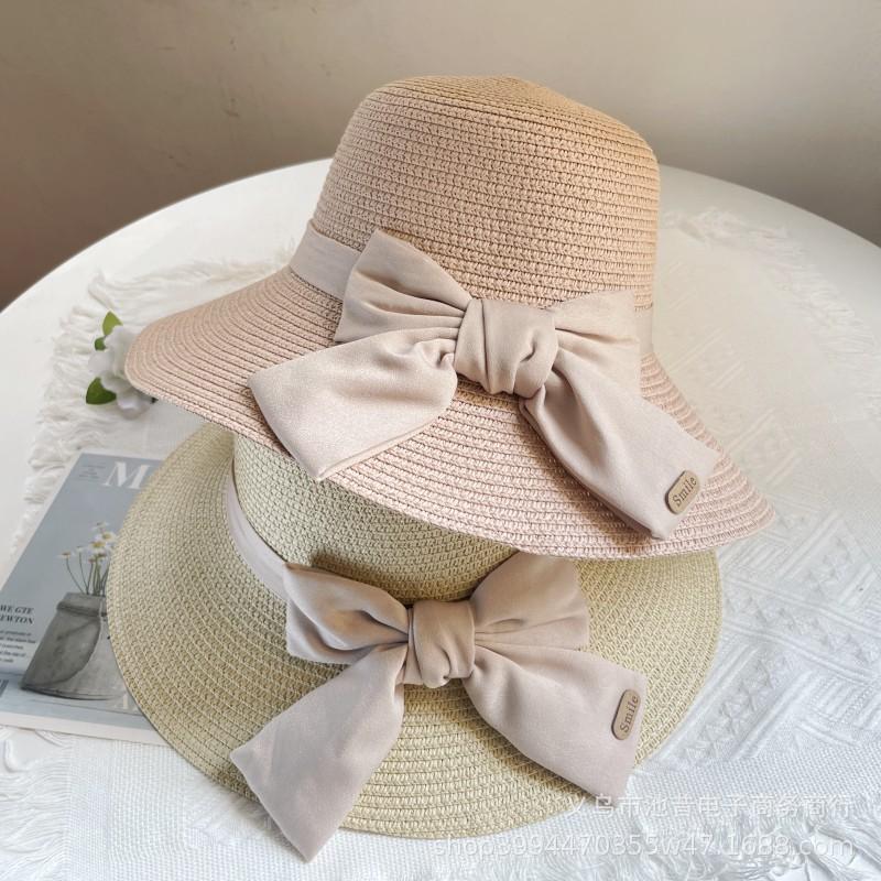 Hepburn style straw hat seaside vacation sun hat summer straw braided big brim temperament bow sun hat women's