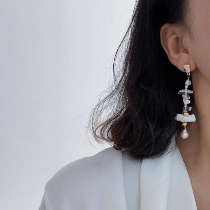 Glacier Galaxy Natural Baroque Pearl White Crystal Asymmetrical Niche Design French Earrings Silver Needle Earrings