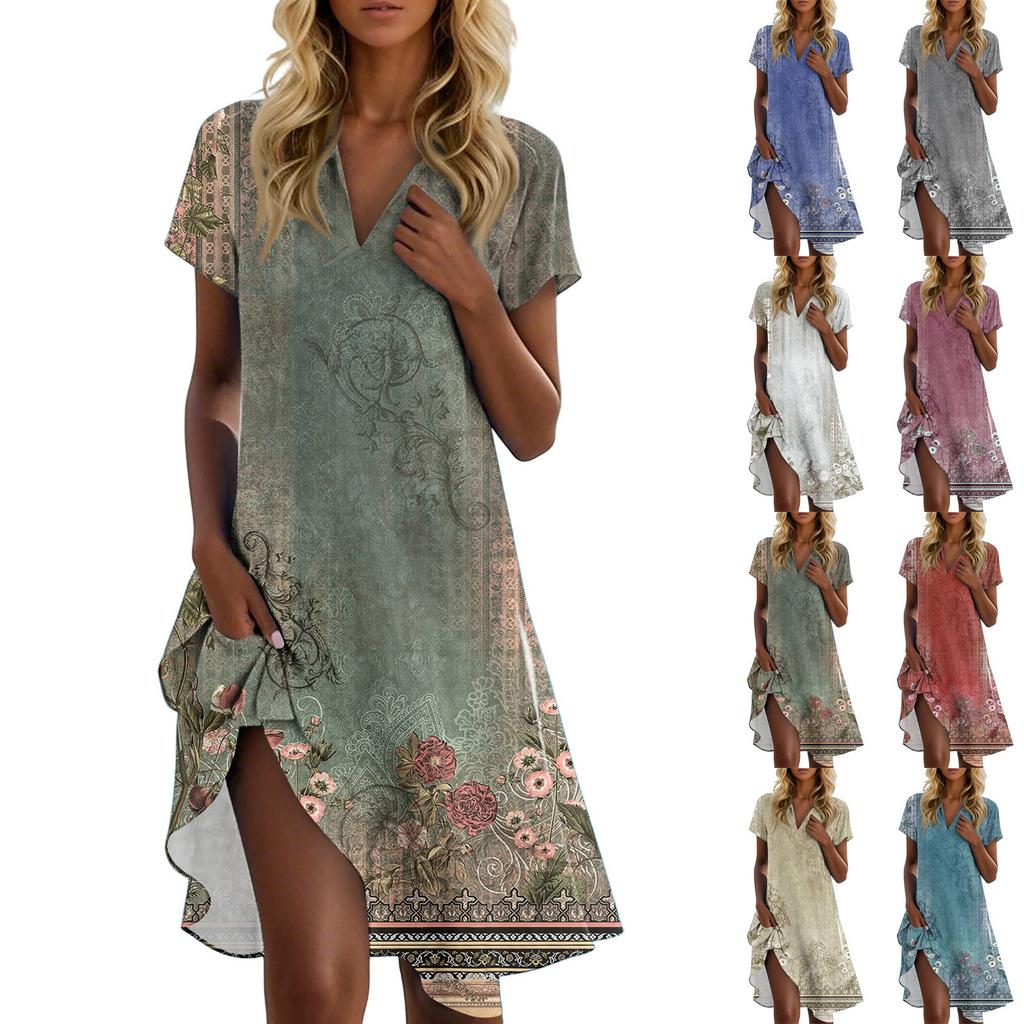 Women's Summer Casual Floral Printed Stand Collar Short Sleeve Dresses