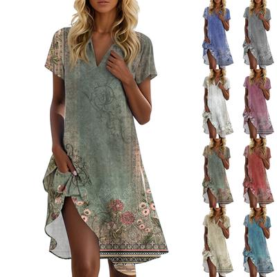 Lässiges Sommerkleid für Damen mit Blumenmuster und Stehkragen und kurzen Ärmeln