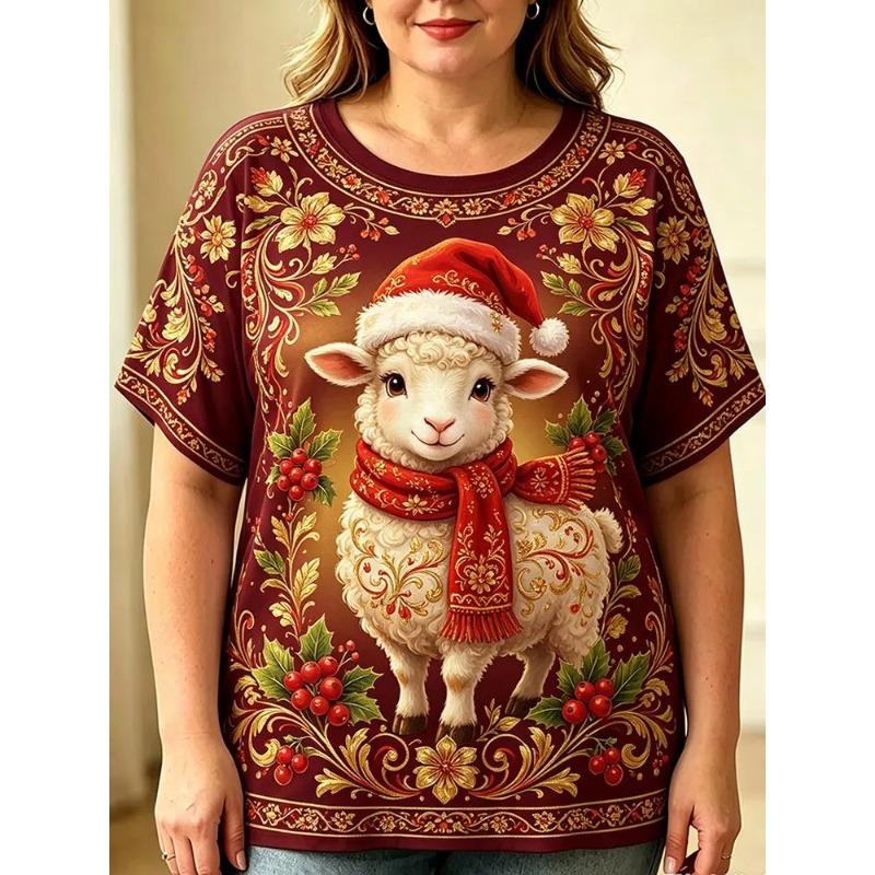 Ladies Large Size Christmas Scarf Lamb Vintage Floral Full Print Crew Neck Short Sleeve T-Shirt, Holiday Top